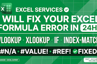 fix excel errors ,formulas,vlookup,xlookup in 24h
