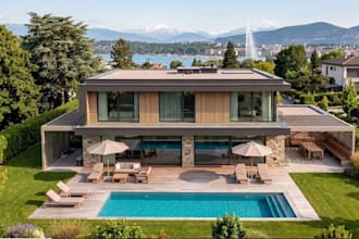 build modern exterior villa design, stone masonry construction,cgi outdoor space
