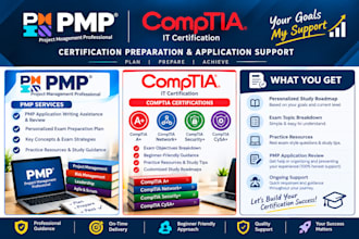 offer pmp application support, exam prep plan, and comptia , network, secu