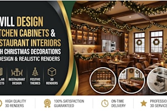 design kitchen cabinet, restaurant interior with christmas decorations 3d