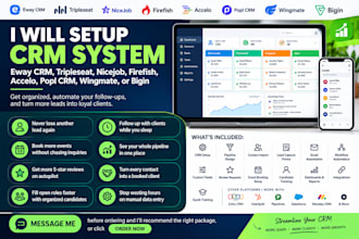 setup eway crm, tripleseat, nicejob, firefish, accelo, popl crm, wingmate, bigin