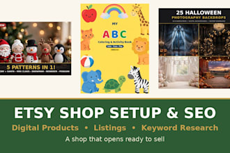 setup etsy shop, design etsy digital products, etsy SEO and etsy listings
