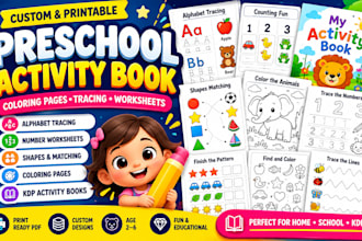 design preschool activity book, coloring pages, tracing worksheets, KDP kid book