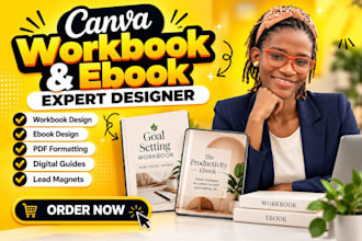 do canva workbook, ebook design, workbook design and PDF formatting canva VA