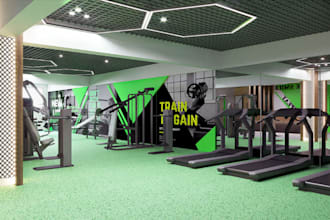 provide gym facility interior 3d visual from 2d layout, fitness studio render