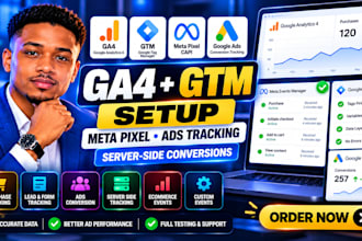 setup google analysics 4, meta pixel, gtm, server side, ads conversion tracking