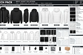 design puffer and bomber jacket tech pack ready for factory production