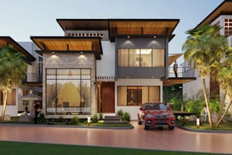 2d to 3d elevation render,house facade cgi,balcony design,3d frontyard, civil 3d