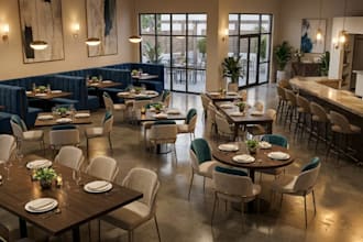 floorplan to 3d restaurant,furniture layout design,kitchen cgi,3d ice cream shop