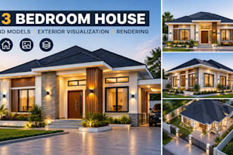 design 3 bedroom house 3d models, exterior visualisation rendering