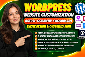 design astra, oceanwp, flatsome, woodmart wordpress website or theme customize