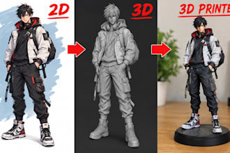 convert 2d to 3d printable model figurine sculpt stylised 3d character, 2d to 3d