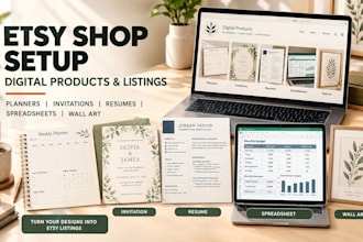 setup etsy shop with digital planner invitation resume spreadsheet and wall art