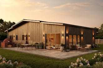 revamp 3d outdoor cottage house,living room render,dining set area,home decor,vr