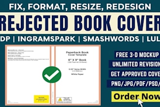 fix resize book cover design, fix rejected book for amazon kdp ai cover redesign