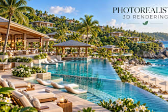 design landscape masterplan, resort site layout and photorealistic 3d renders