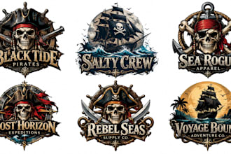 design a professional, skull, pirate ship, nautical, sea adventure pirate logo
