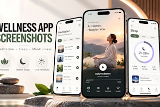 design wellness app screenshots, meditation store graphics and feature images