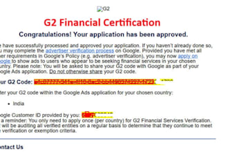 provide google ads g2 financial verification