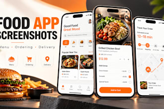 design restaurant app screenshots, food delivery and app store graphics