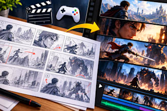 create game cinematic storyboard, video game cutscenes and action sequences