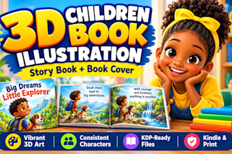 create 3d children story book illustration, kids book and book cover