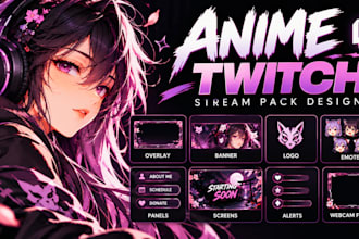 design animated twitch stream overlay, panels, banner, emotes anime twitch pack