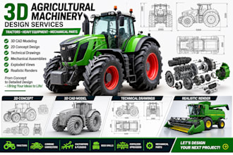 design 3d agricultural machinery, tractors, heavy equipment and mechanical parts
