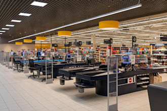 supermarket interior, grocery store layout and realistic rendering