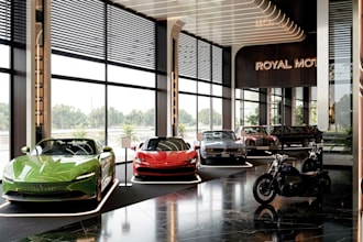 design 3d car dealership car showroom interior garage autosales center, rv park