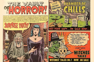 draw retro vintage comic illustration, horror retro comic art, vintage poster