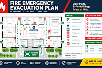 design fire emergency evacuation plan, map, diagram and fire exit and emergency