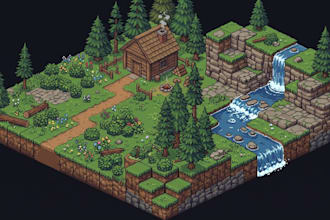 do modular isometric game art and tileset tilemaps, pixel buildings and terrains