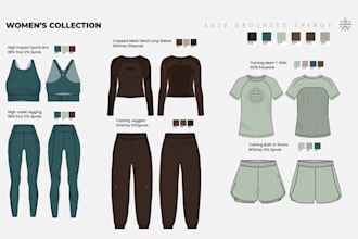 create womens activewear tech packs and technical flats