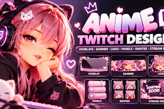 design custom anime, cute, chibi twitch overlay banner, logo, panels stream pack