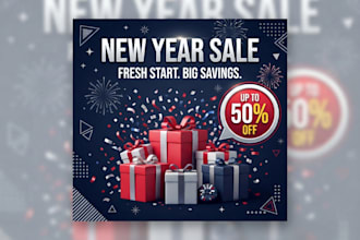 design new year sale flyer and promotional social media graphics