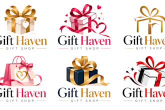design a modern gift shop, packaging, present, ribbon, wrapping gift box logo
