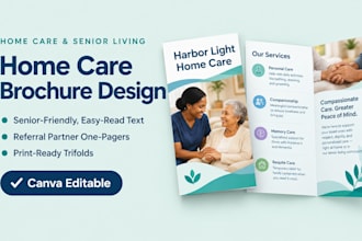 design home care,senior living, assisted living, and caregiver brochure on canva
