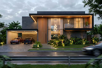 develop 3d rooftop villa, visualize house exterior from elevation drawing, vray