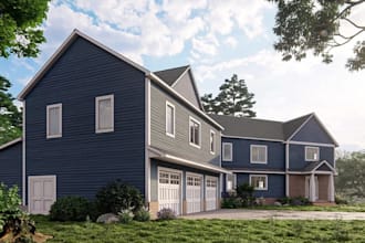 redesign modern farmhouse style,carriage house render,garage door,paver driveway