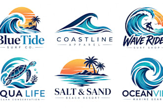 design a professional ocean, sea, surfing, beach water, coastal marine wave logo