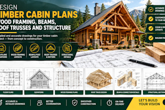 design timber cabin plans, wood framing, beams, roof trusses and structure
