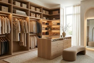 design walk in closet interior, wardrobe and cabinet with realistic 3d render