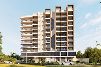 render residential building external, mixed use tower, high rise complex visual