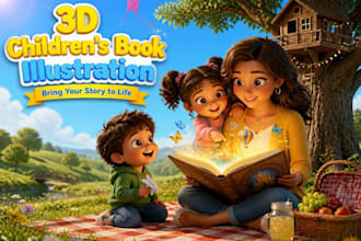 illustrate your childrens story book with 3d charaters and scenes