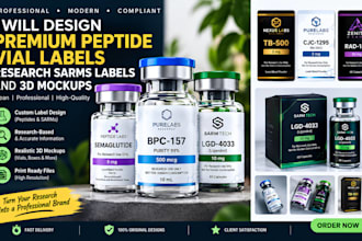 design premium peptide vial labels, research sarms labels and  3d mockups
