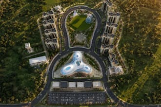 3d mixed use residential development, apartment complex layout, urban cgi render
