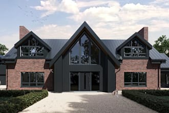 visualize small house interior, uk brick building, exterior render for homeowner