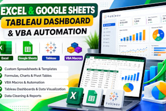 design tableau dashboards, excel reports and google sheets data visualizations