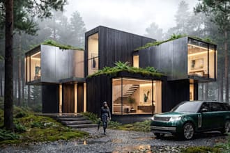 revamp3d photoreal cottage house,cgi facade,aerial render,pool,revit landscape